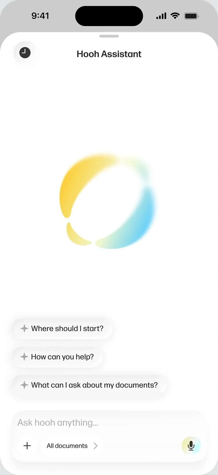 Hooh Assistant intro with suggested prompts