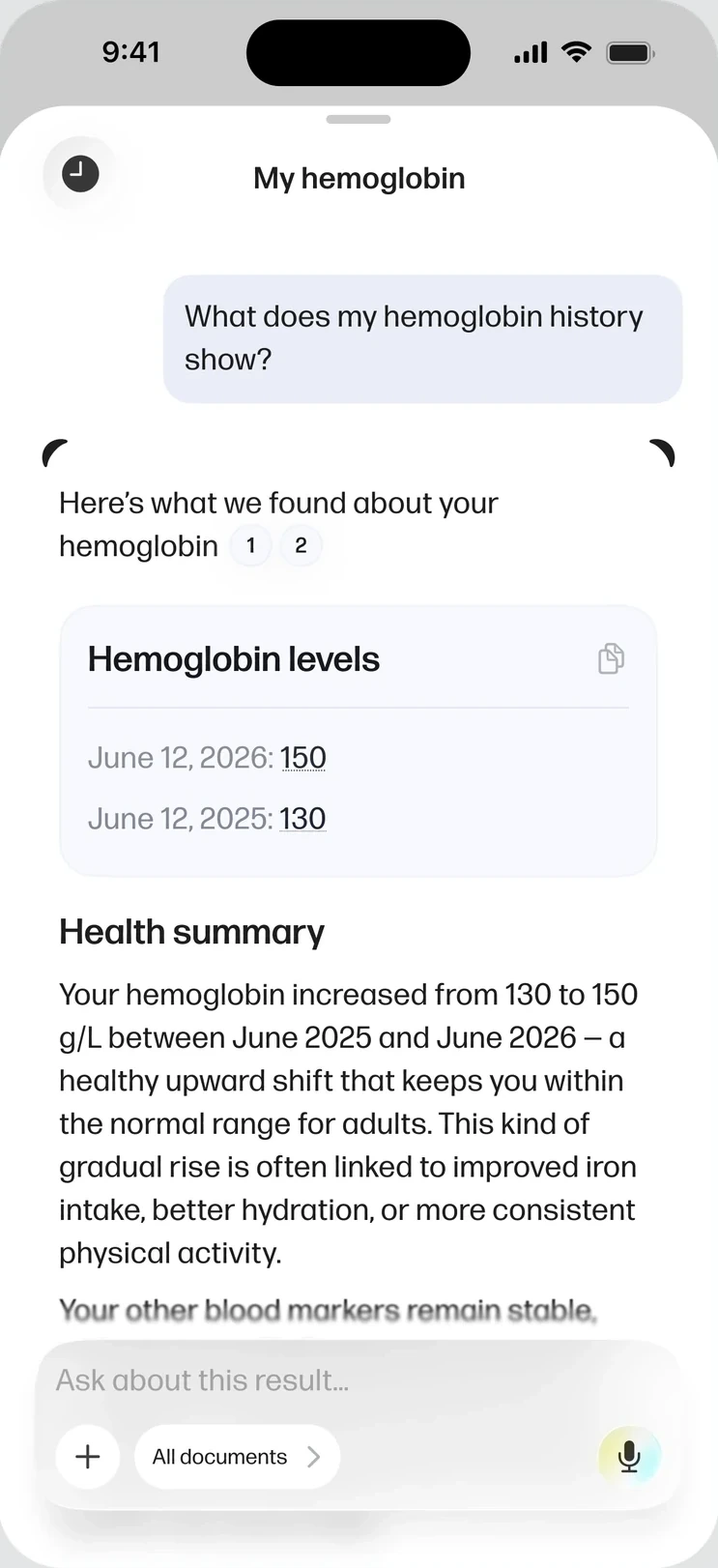 My hemoglobin chat with inline source citations and a Health summary explanation