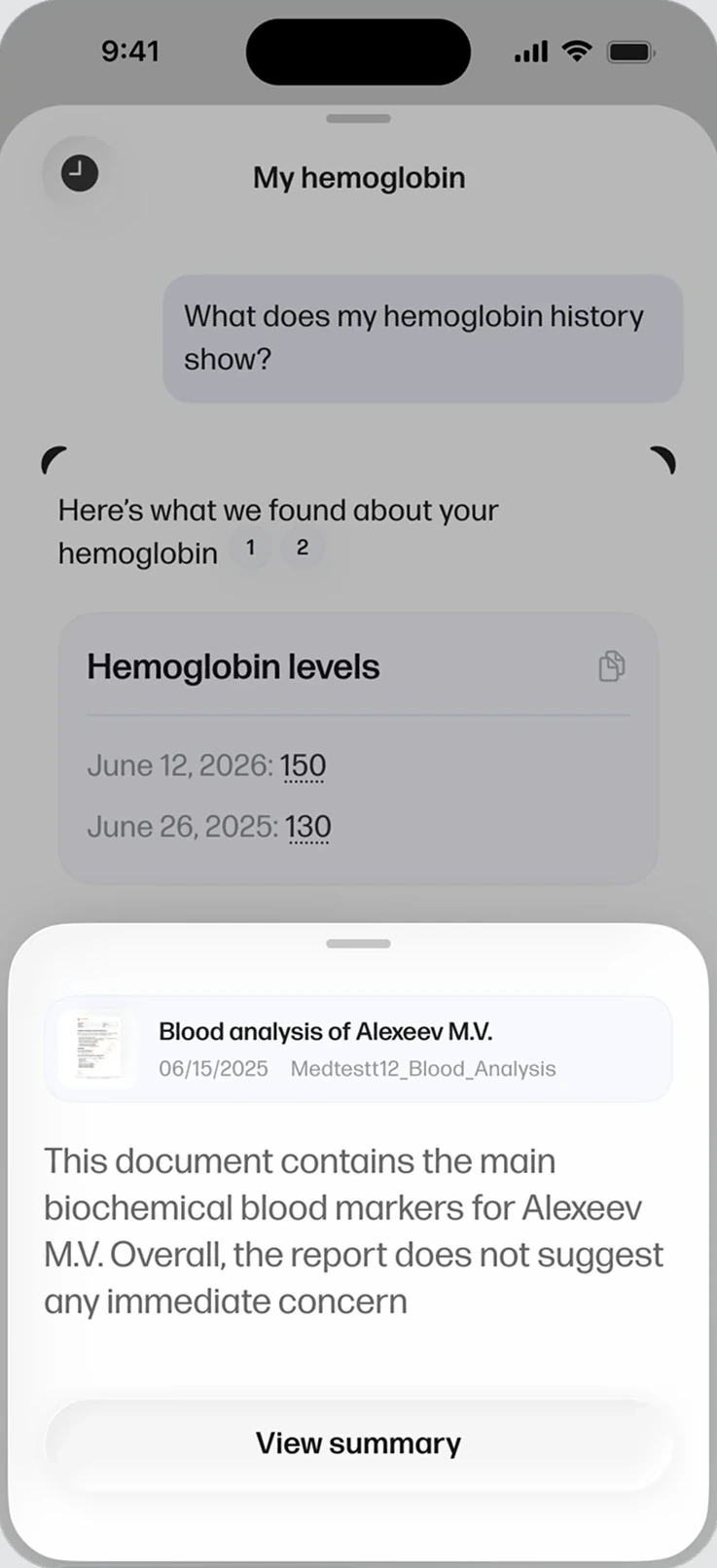 My hemoglobin chat with a Blood analysis document card