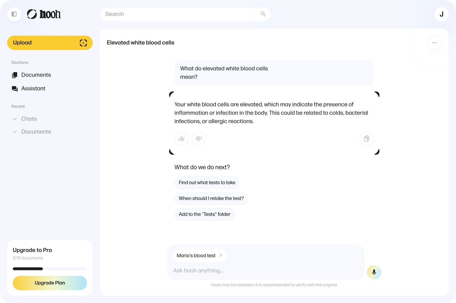 In-progress chat about elevated white blood cells with follow-up suggestions