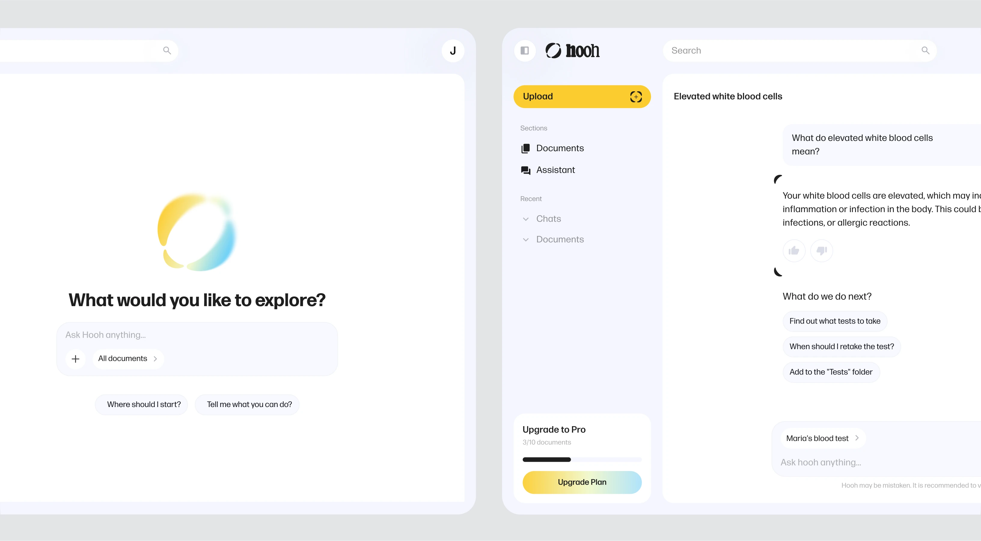 Two desktop screens on a single backdrop — a fresh Hooh Assistant prompt 'What would you like to explore?' and an in-progress chat about elevated white blood cells with follow-up suggestions