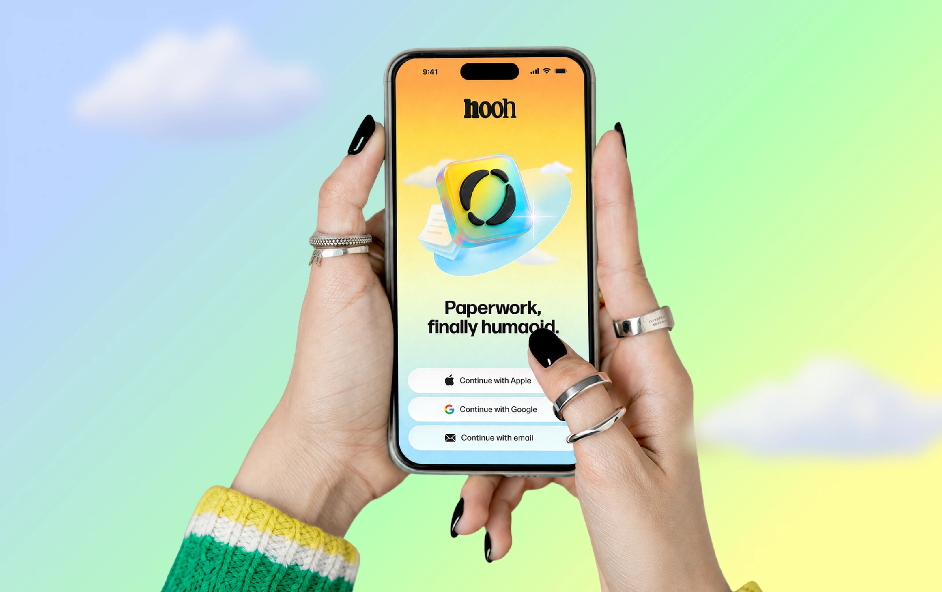 Hooh mobile app — a hand holding a phone showing the welcome screen with the tagline 'Paperwork, finally human'