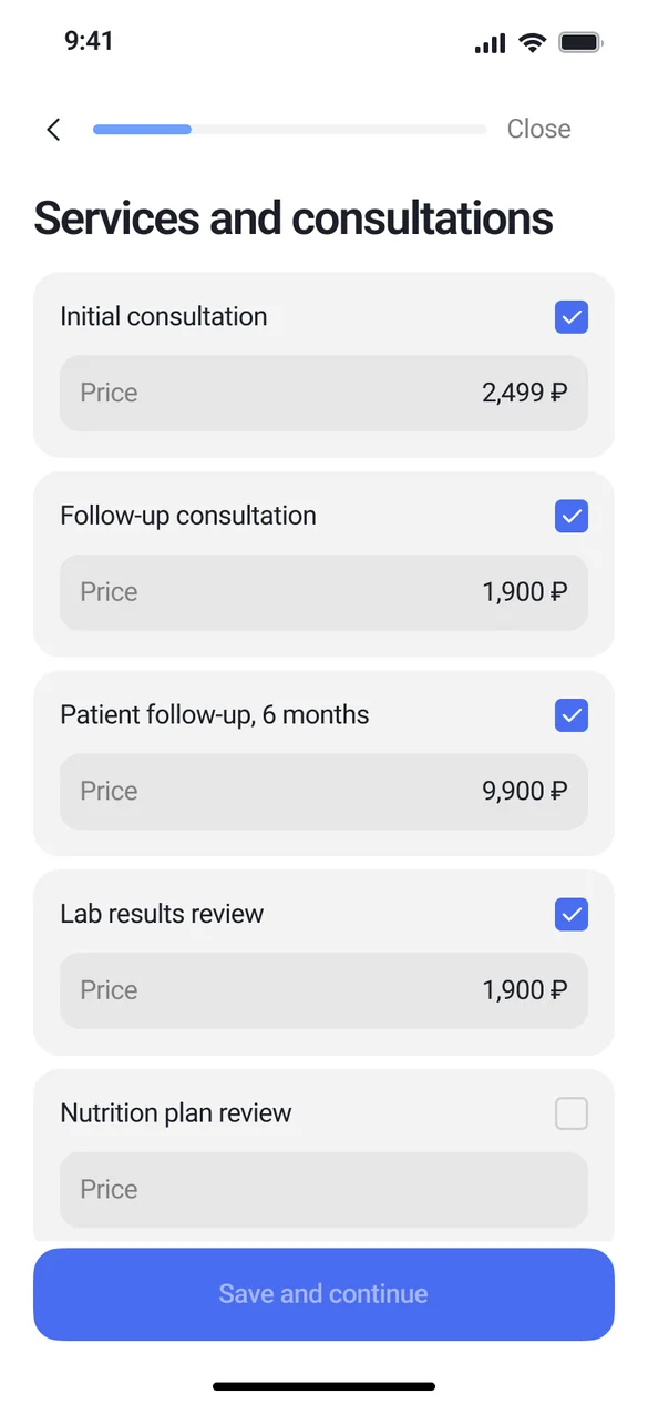 Application form, step — services and consultations the specialist runs, each with its price