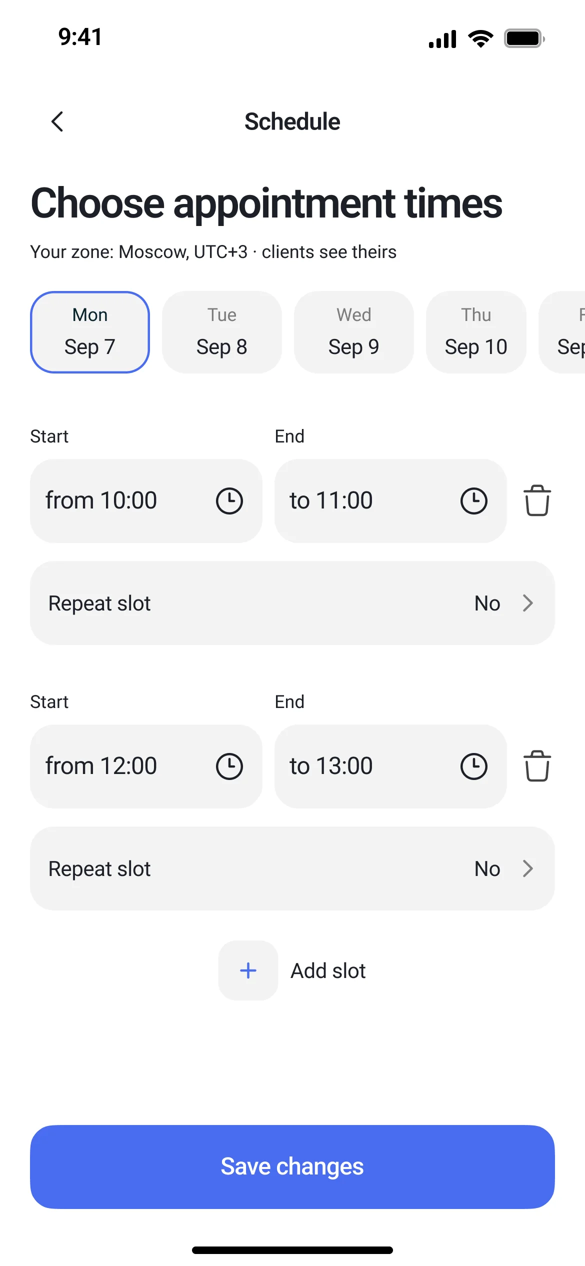 Specialist schedule — a line states that the slots are in the specialist’s zone and that clients see their own