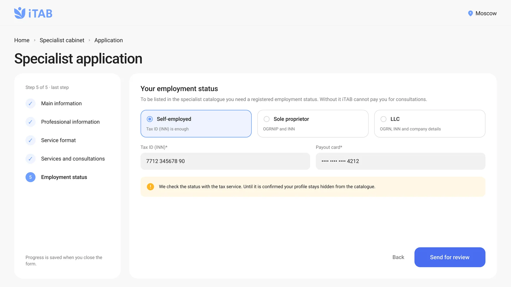 Web specialist questionnaire — the employment status step: self-employed, sole proprietor or LLC, the tax ID and payout card fields, and the note that a registered status is required to be listed and paid