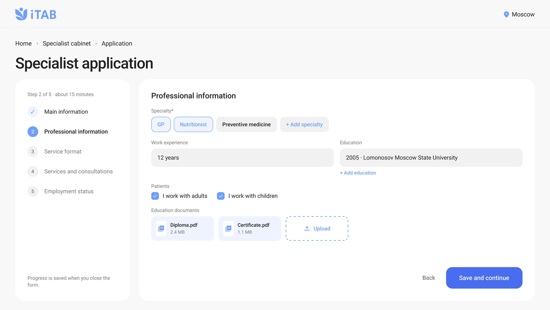 Web specialist questionnaire — a five-step form with the progress on the left, the professional information step with specialty, experience, education, patient types and document upload, and the reasons to join on the right