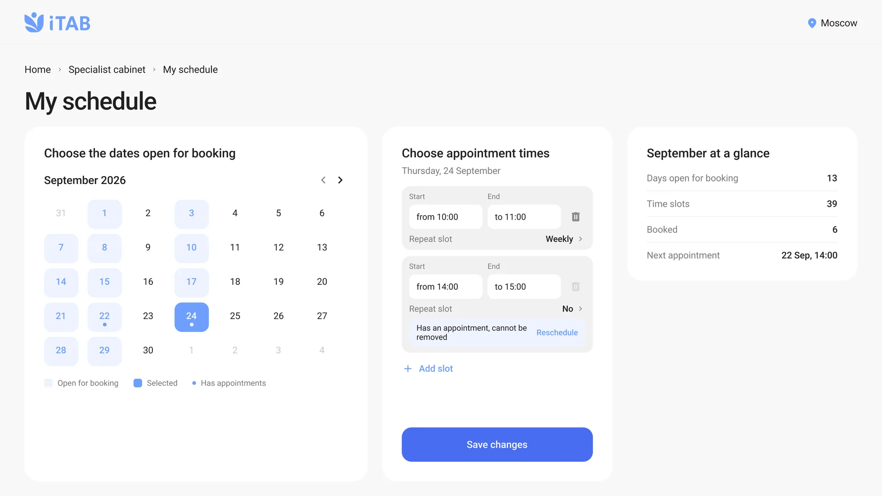 Web specialist schedule — a month calendar with the days open for booking, the time slots of the selected day, a weekly repeat toggle and the save action