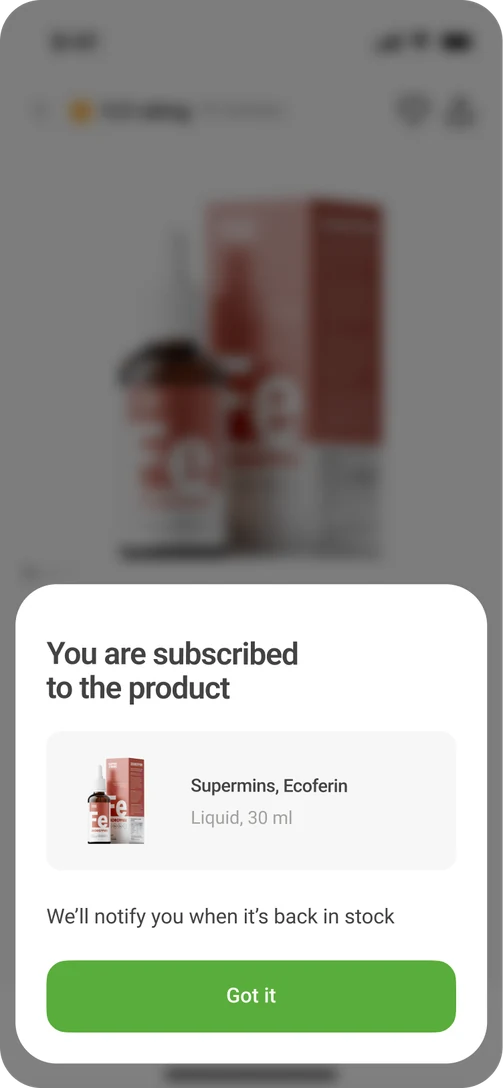 Subscribed confirmation — you'll be notified when the product is back