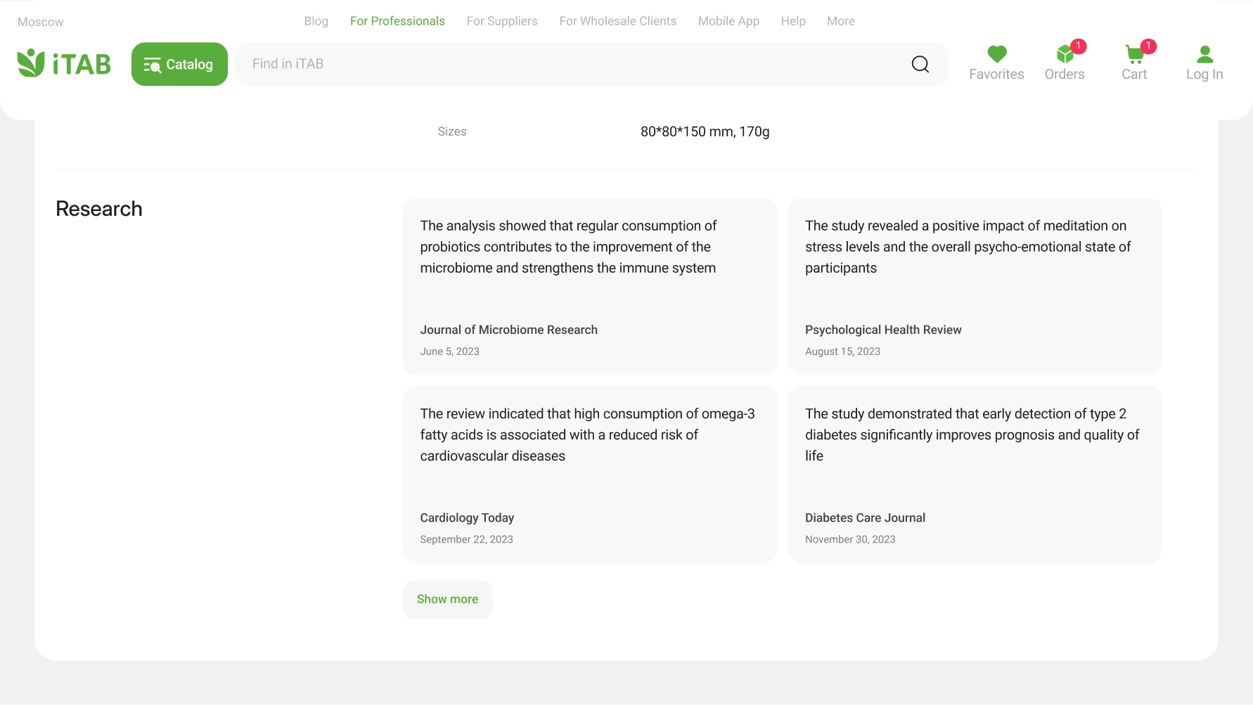 Web view of research evidence cards supporting the product