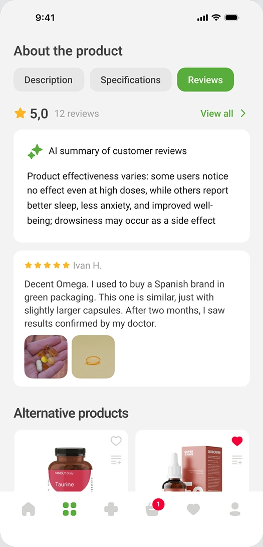 Product reviews with an AI summary of recurring customer feedback
