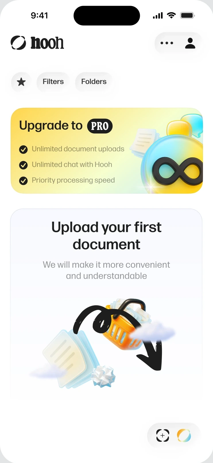 iOS start screen with Upload your first document prompt
