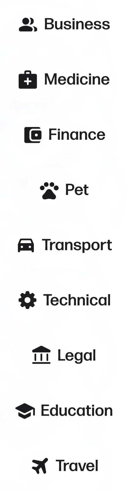Auto-categorization panel with Business, Medicine, Finance and other categories