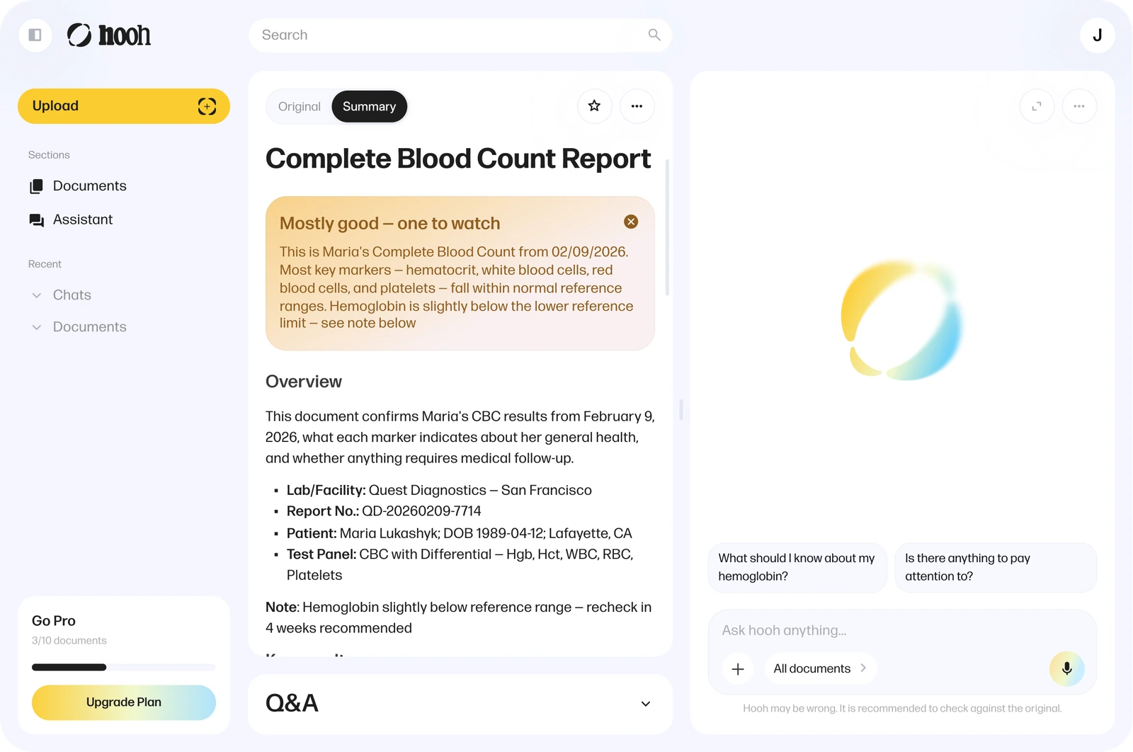Desktop Complete Blood Count Report with a Mostly good summary callout and a contextual Q&A chat panel with the Hooh assistant