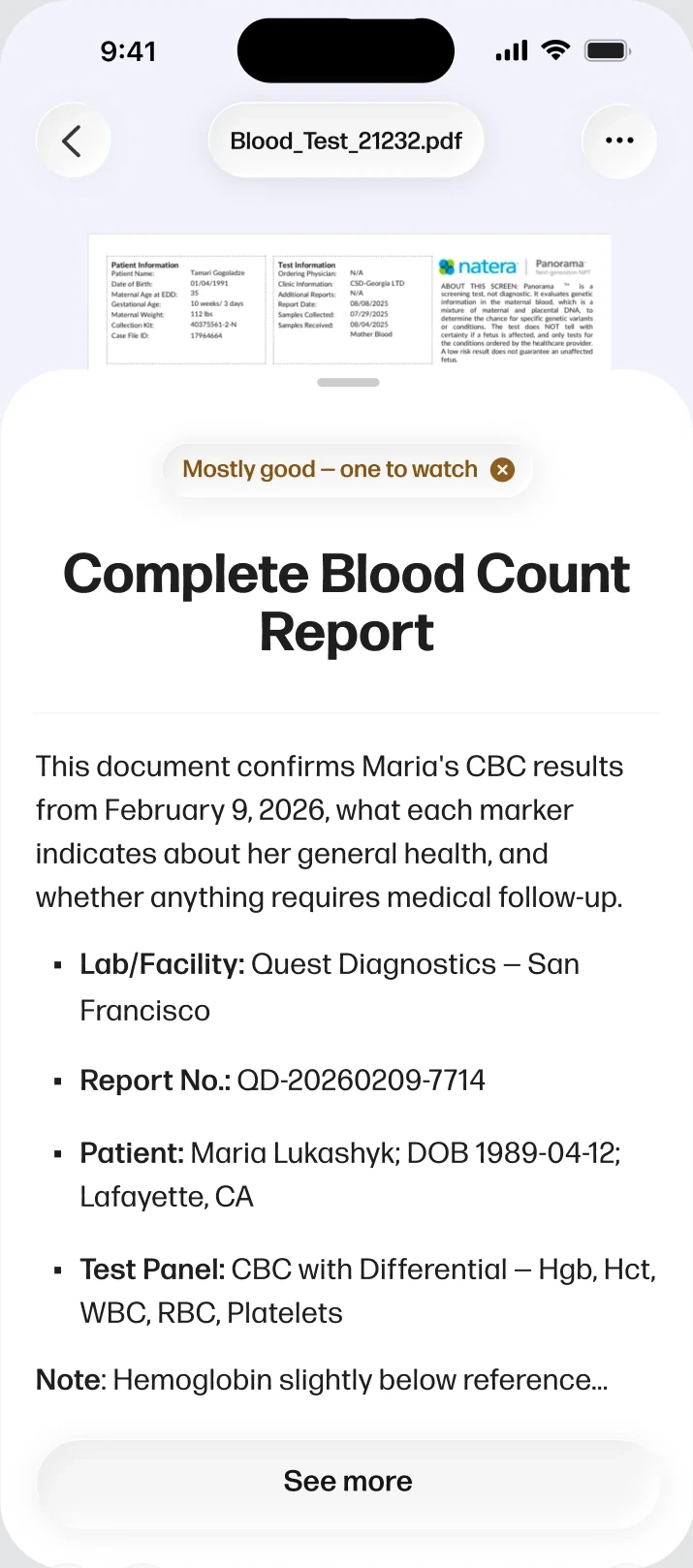 iOS Summary screen showing the same Complete Blood Count Report