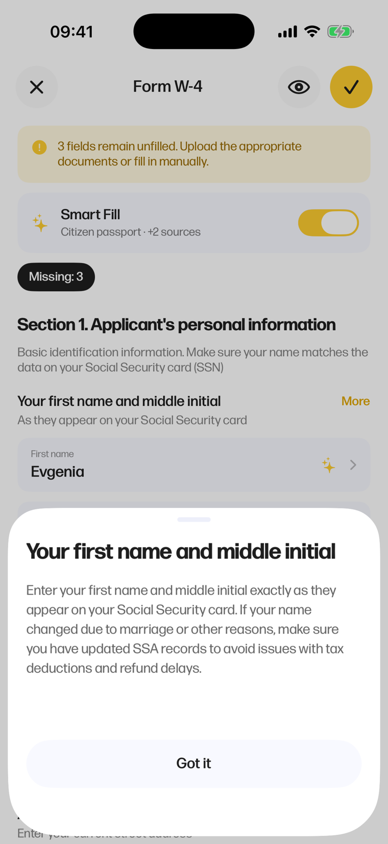 The More guidance sheet — the form explains exactly what a field expects before the user types