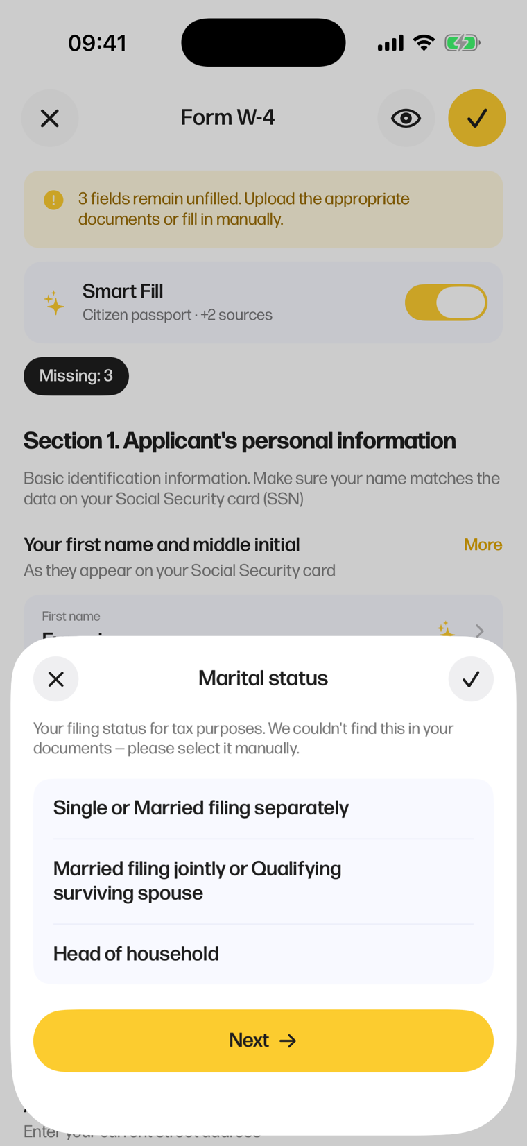 Marital status — enumerated fields pick from a native list instead of free typing