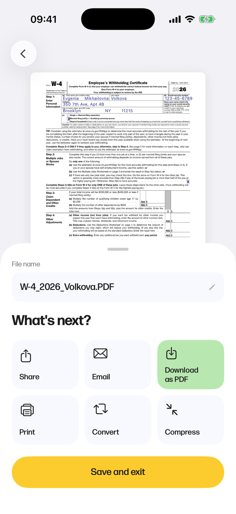 What's next? — share, email, download, print, convert or compress, offered the moment a flow completes