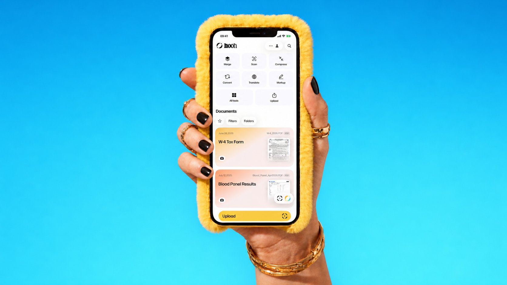 A hand with short black nails holding a yellow furry phone case with the Hooh Document Workspace open against a vivid blue background